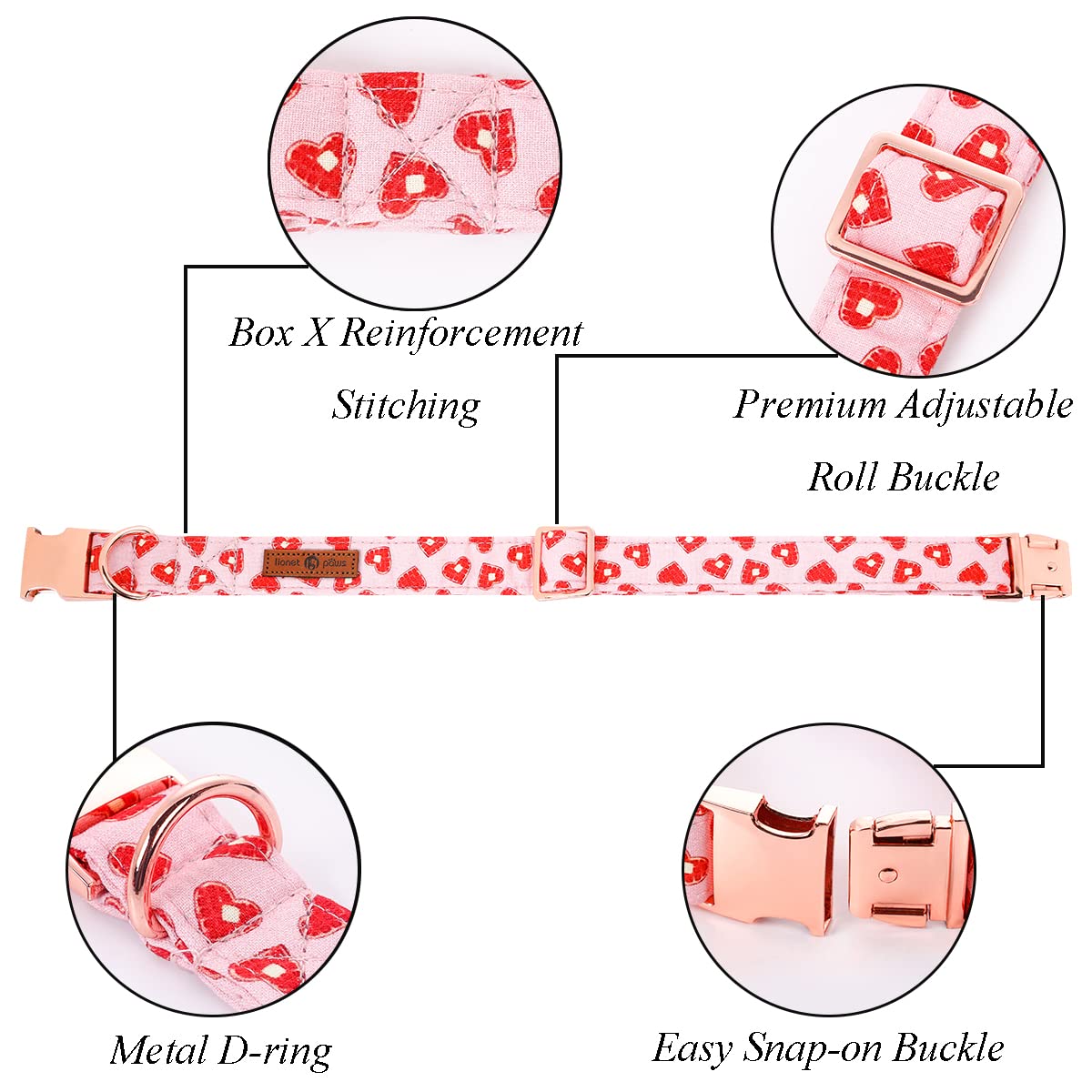 Lionet Paws Valentine Dog Collar, Heavy-Duty Cute Red Heart Pattern Collar With Metal Buckle Pet For Medium Large Dogs, Neck 16-