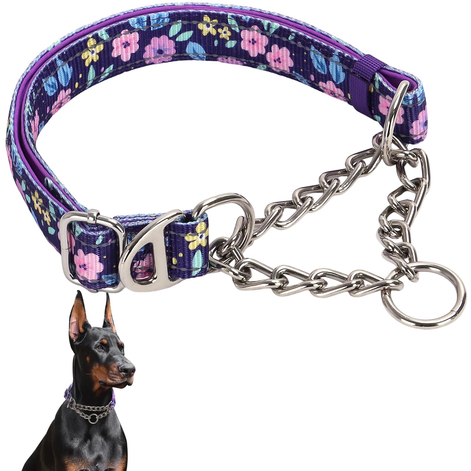 Martingale Dog Collar With Steel Chain, Adjustable Reflective Nylon & Soft Padded - For Medium, Large, Xl, Xxl Dogs For Training