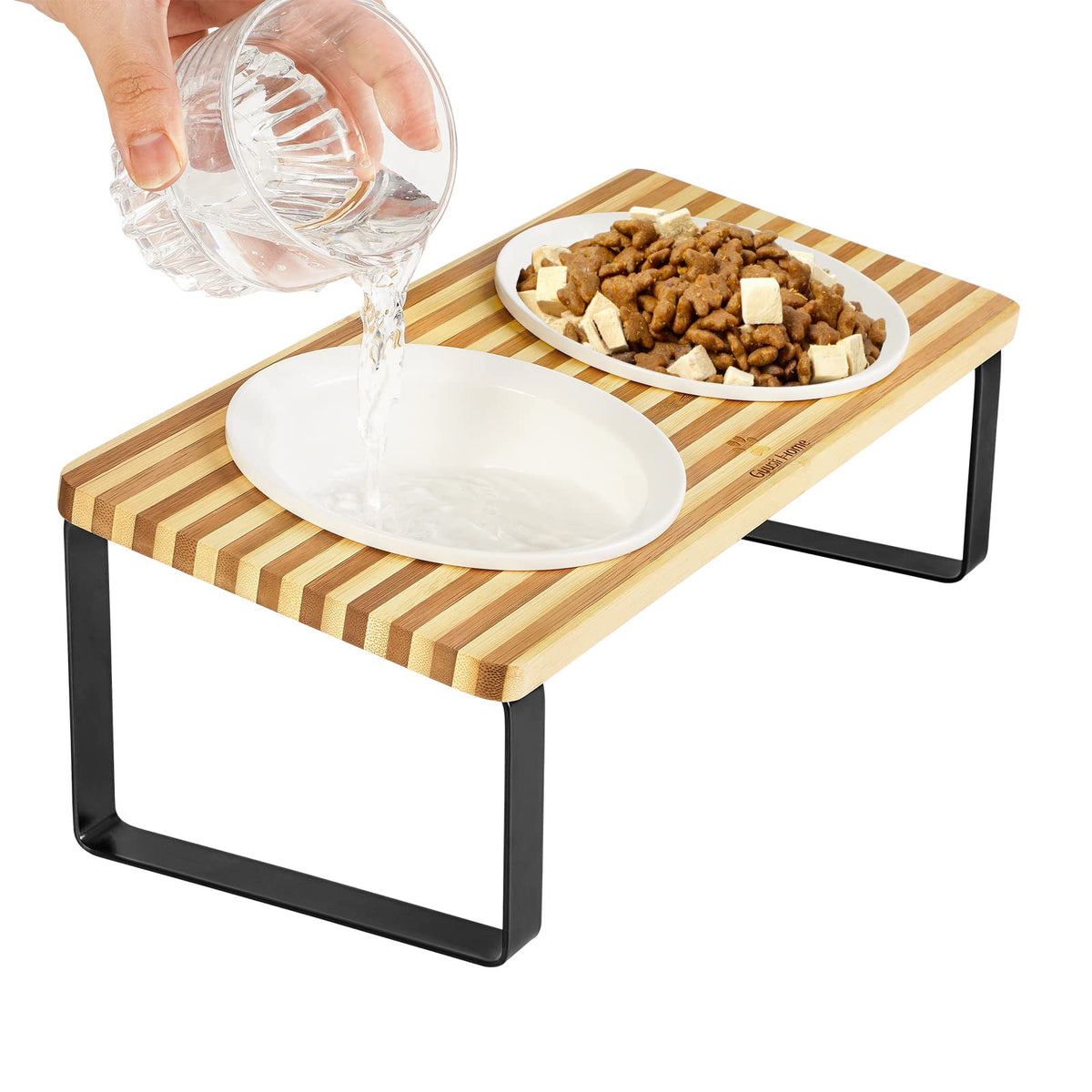 Sunhoo Ceramic Elevated Cat Bowls, Raised Puppy Dishes For Food And Water, Tilted Bamboo Stand For Anti Vomiting, Indoor 5.5 Inc