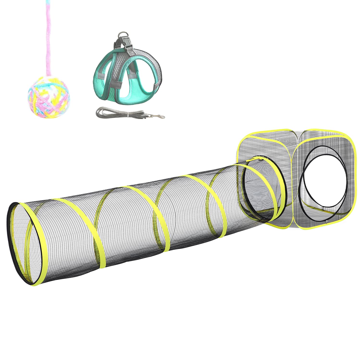 Outdoor Cat Enclosure & Tunnel - Portable Mesh Tent, Cat Playhouse With Adjustable Harness & Leash, Colorful Tease Ball