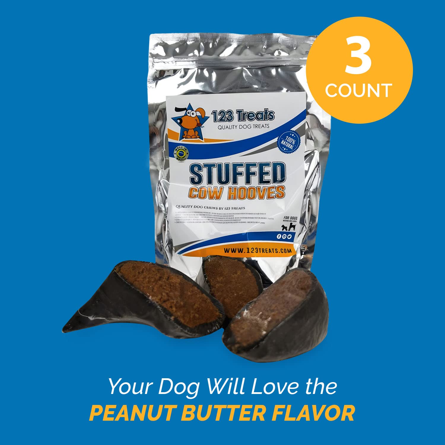 123 Treats Filled Cow Hooves for Dogs - Delicious Peanut Butter Flavor Dog Treats (3 Count), Long-Lasting Natural Dog Chews, Stu