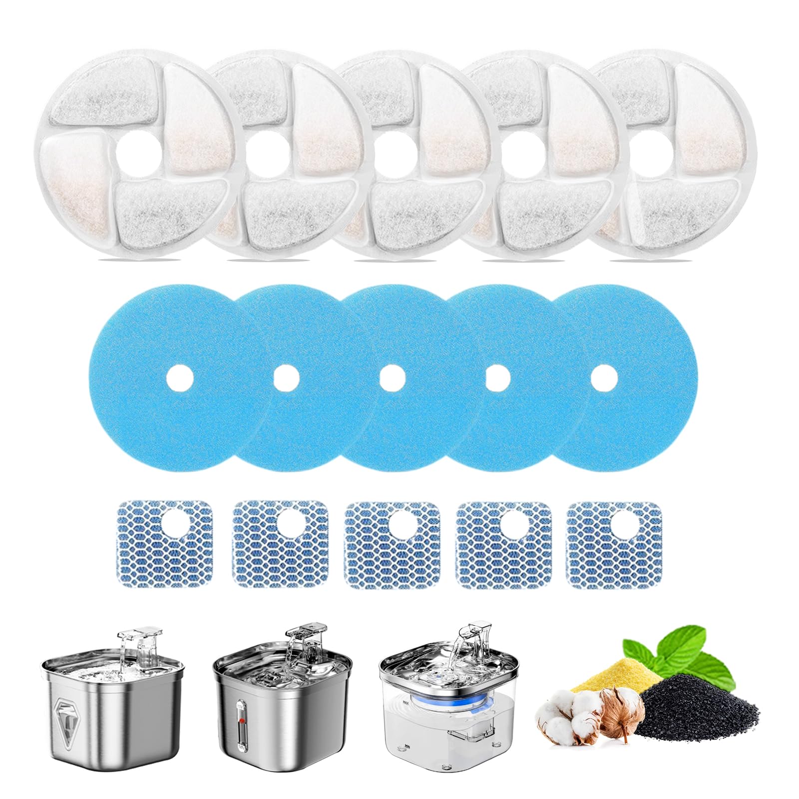 Cat Water Fountain Filter,Cat Fountain Filters Replacement For Square 2.2L/73Oz Stainless Steel Pet Water Fountain,5 Pack Pet Fo