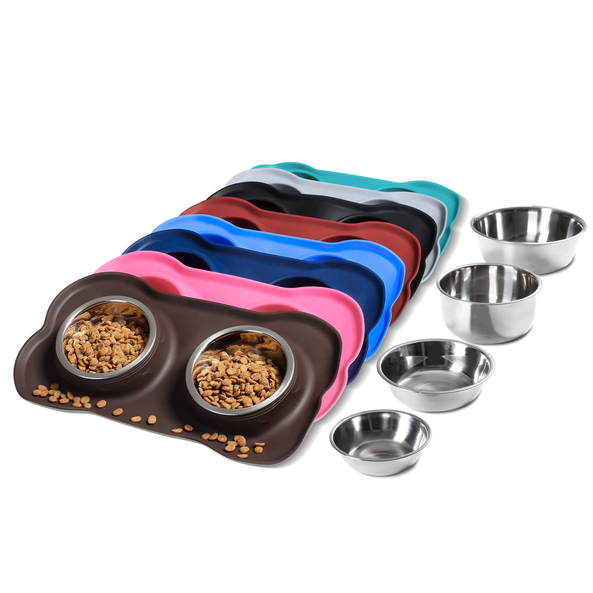 Hubulk Pet Dog Bowls 2 Stainless Steel Dog Bowl With No Spill Non-Skid Silicone Mat + Pet Food Scoop Water And Food Feeder Bowls For Feeding Small Medium Large Dogs Cats Puppies (X- Large, Chocolate)