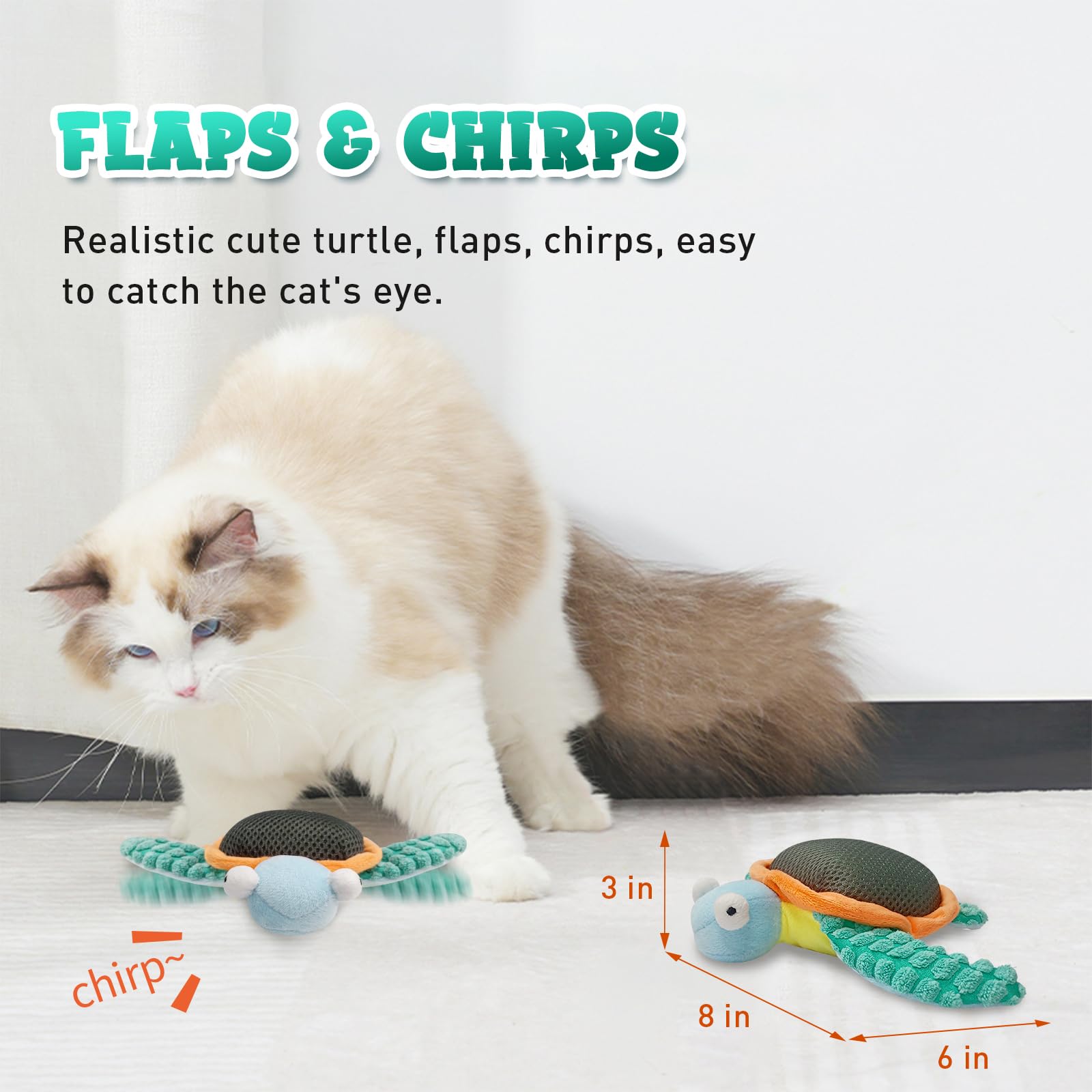 Buntyjoy Cat Toys, Flapping Fins Cute Turtle, No Flying, Chirping Bird Interactive Catnip Toy For Kitten Or Small Dogs, Touch Ac