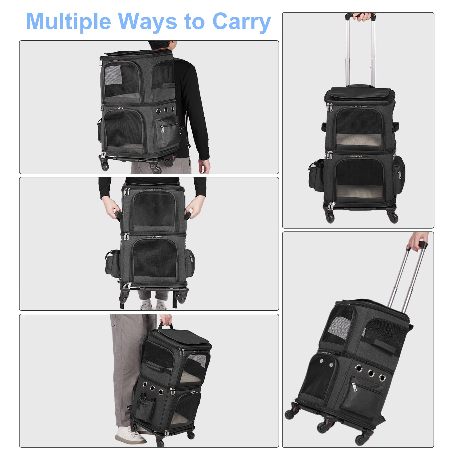 Hovono Double-Compartment Pet Carrier Backpack With Wheels For Small Cats And Dogs, Cat Rolling Carrier For 2 Cats, Perfect For Traveling/Taking A Walk/Trips To The Vet, Black