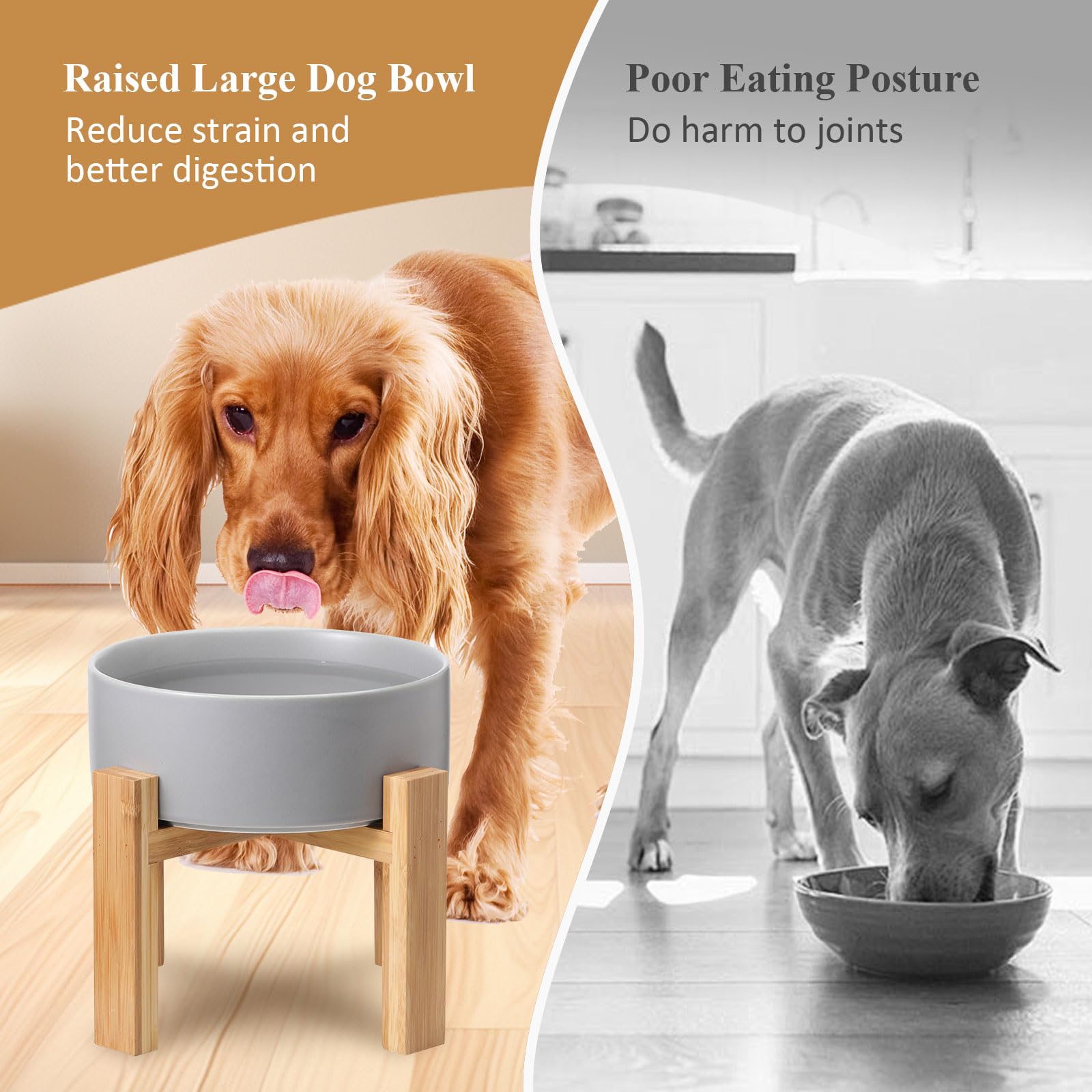 HCHLQLZ Raised Ceramic Dog Bowl - Large 8.3" W x 8" H, Heavy Weighted Dish with Bamboo Stand, White, 4.5 Cups