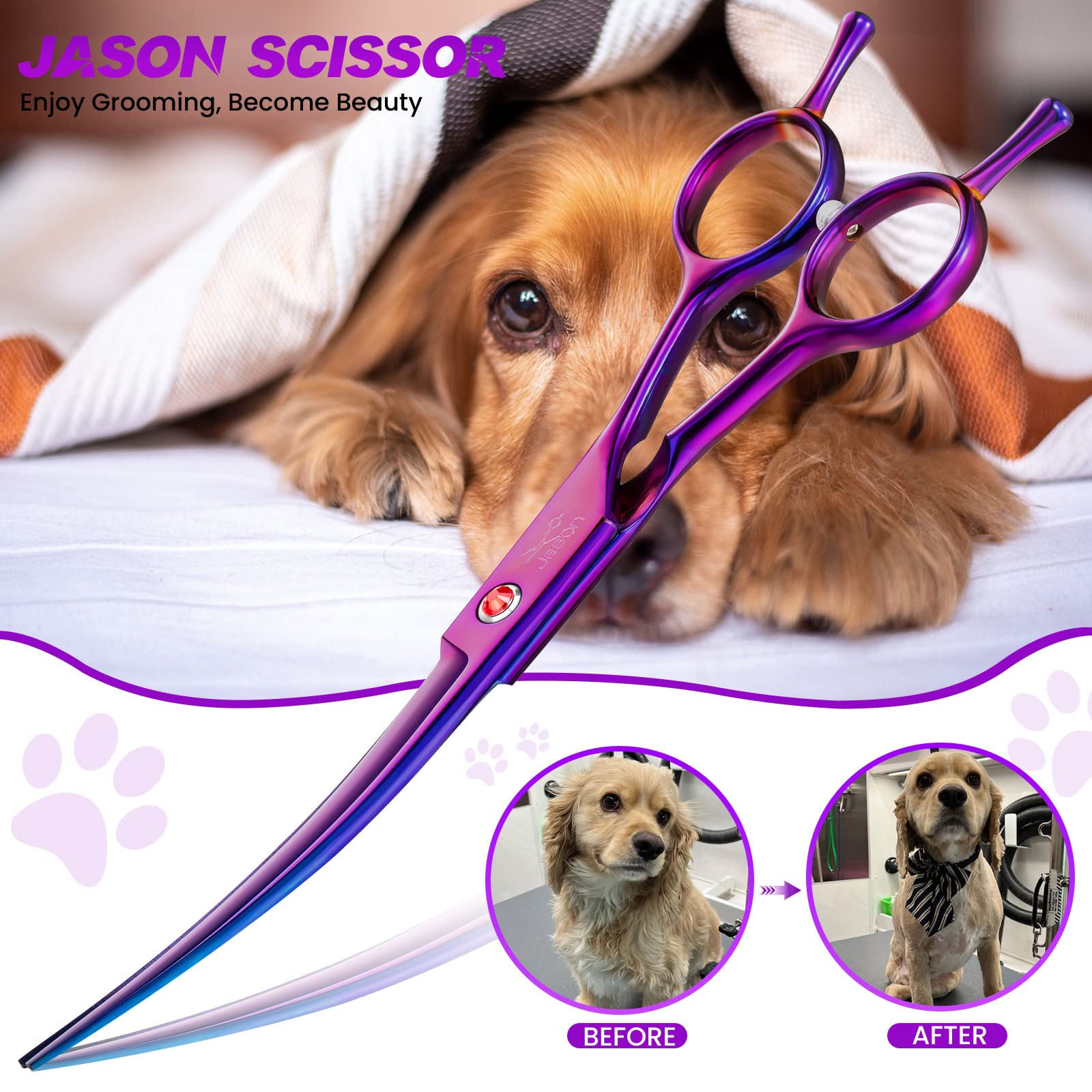 JASON Curved Shears for Dogs - 7.5'' Pet Grooming Scissors with Ergonomic Handle Japanese Stainless Steel Trimming Scissor for D
