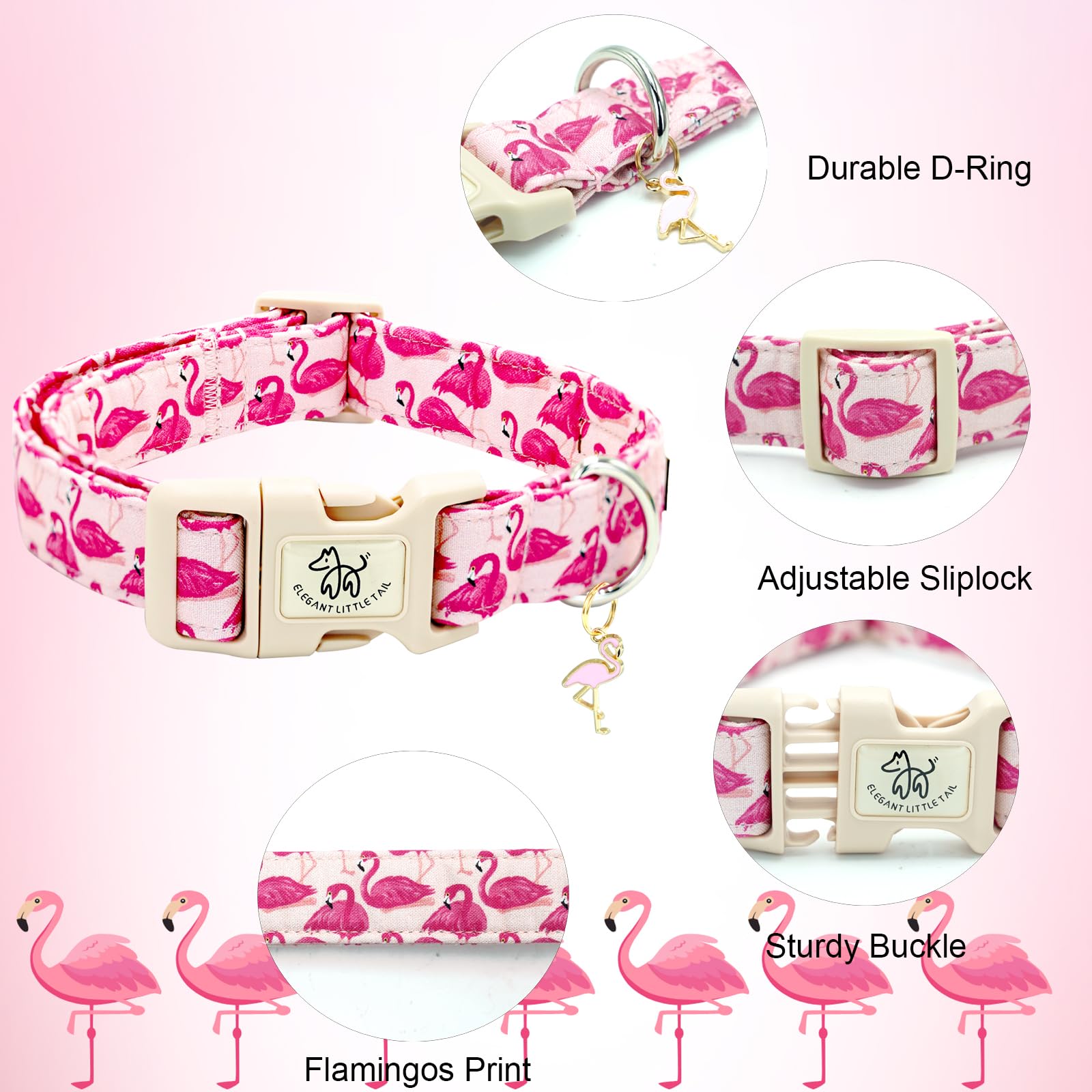 Elegant Little Tail Dog Collar-Cute Pet Dog Collar Pink Flamingos Print Cotton Soft Girl Puppy Adjustable Pet Collars For Small