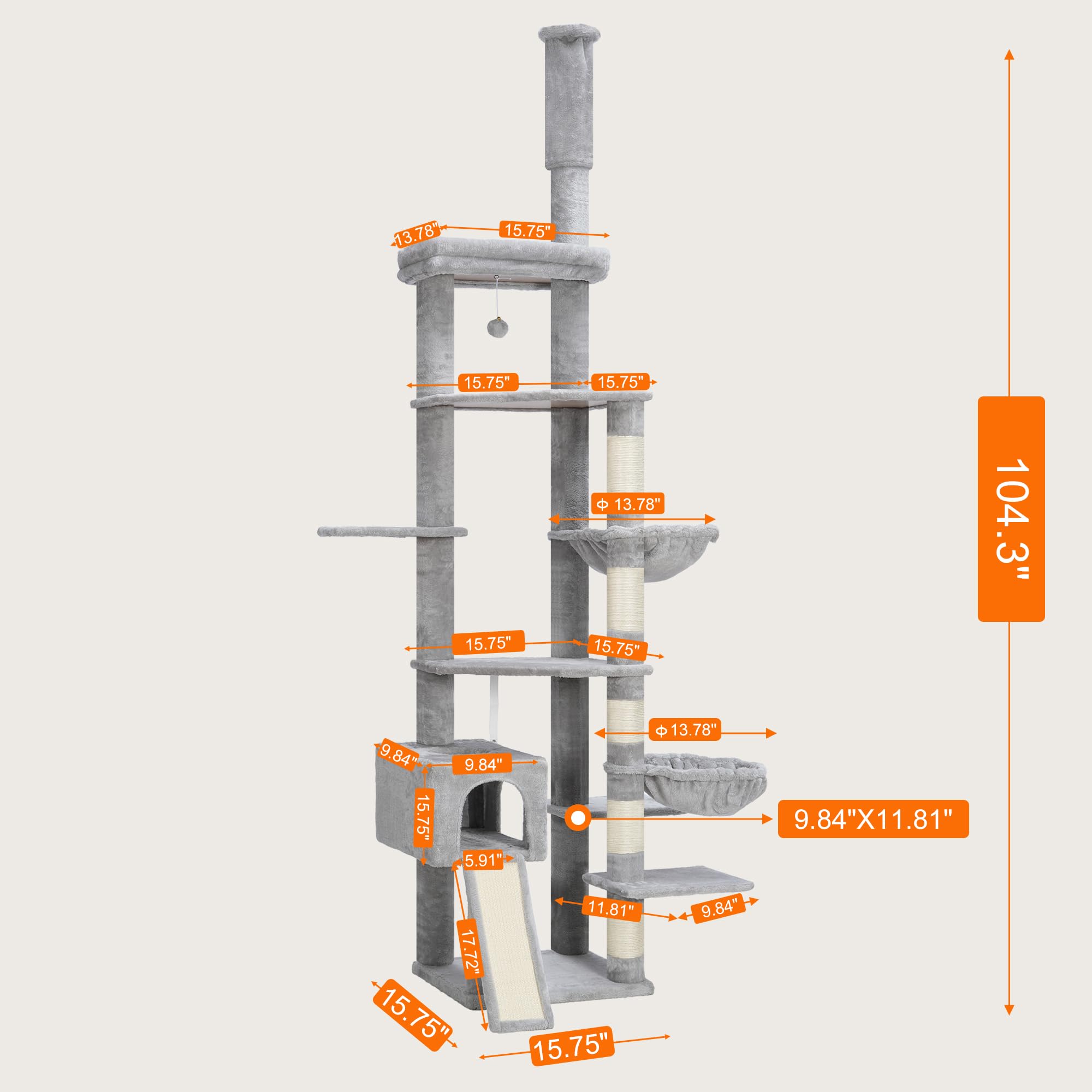 Hebly Cat Tree 92.5-104.3 Inches With Hammock, Floor To Ceiling Cat Condo,Tall Cat Climbing Tower Adjustable With Scratching Pos