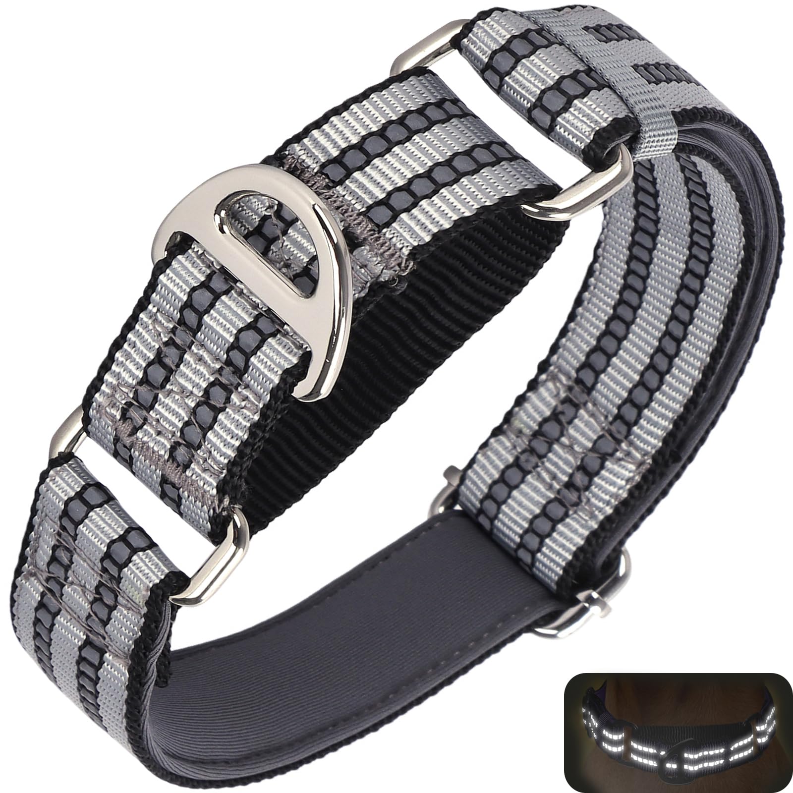 Reflective Martingale Collar For Large Dogs With No Buckle Adjustable Training, Walking, Hunting No Slip Collars, (Sliver L)