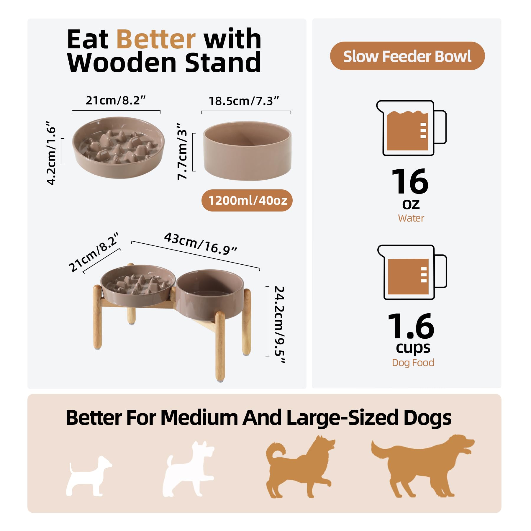 Havniva Ceramic Raised Slow Feeder Dog Bowl Set, Elevated 7.3inch Bowl and 8.2inch Slow Pet Food Dish with Wooden Stand for Medi