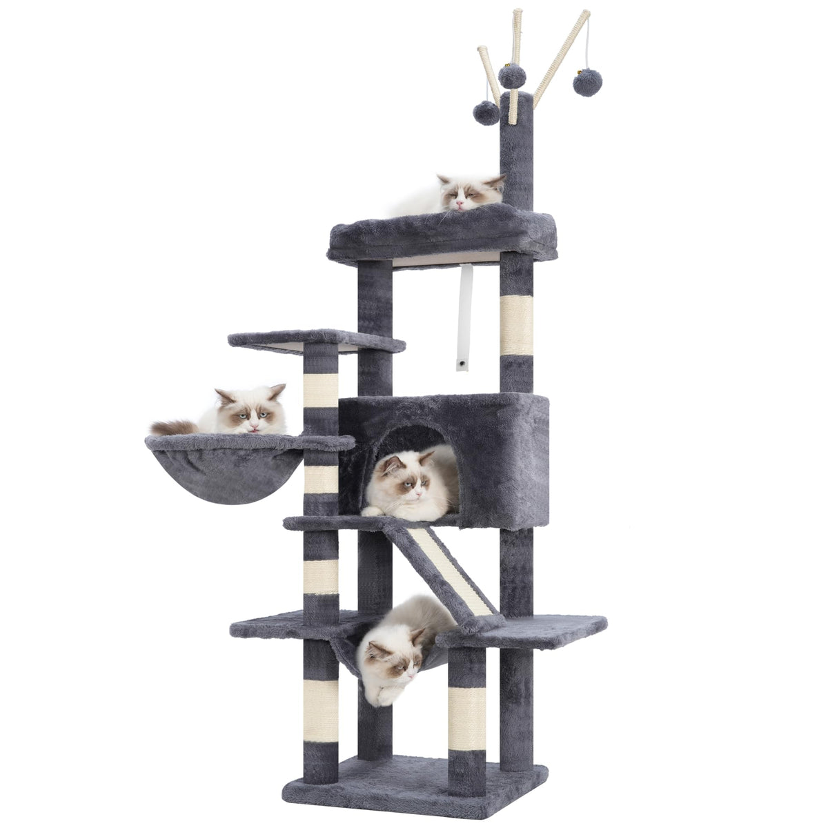 Gitelsnour Cat Tree, 63 Inch Multi-Level Cat Tower For Indoor Cats, Cat Condo With Cat Scratching Post And Board, Cat Hammock, S