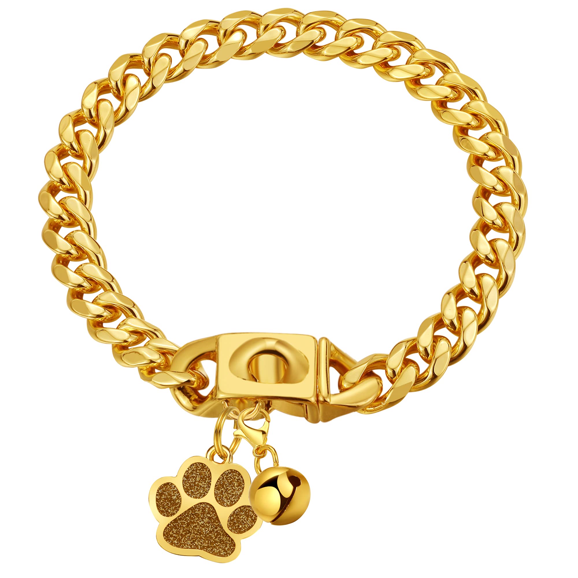 Luxlife Gold Cuban Link Dog Chain Collar - 10Mm 18K Gold Stainless Steel With Snap Buckle & Bell - Small To Large Dogs (18'')