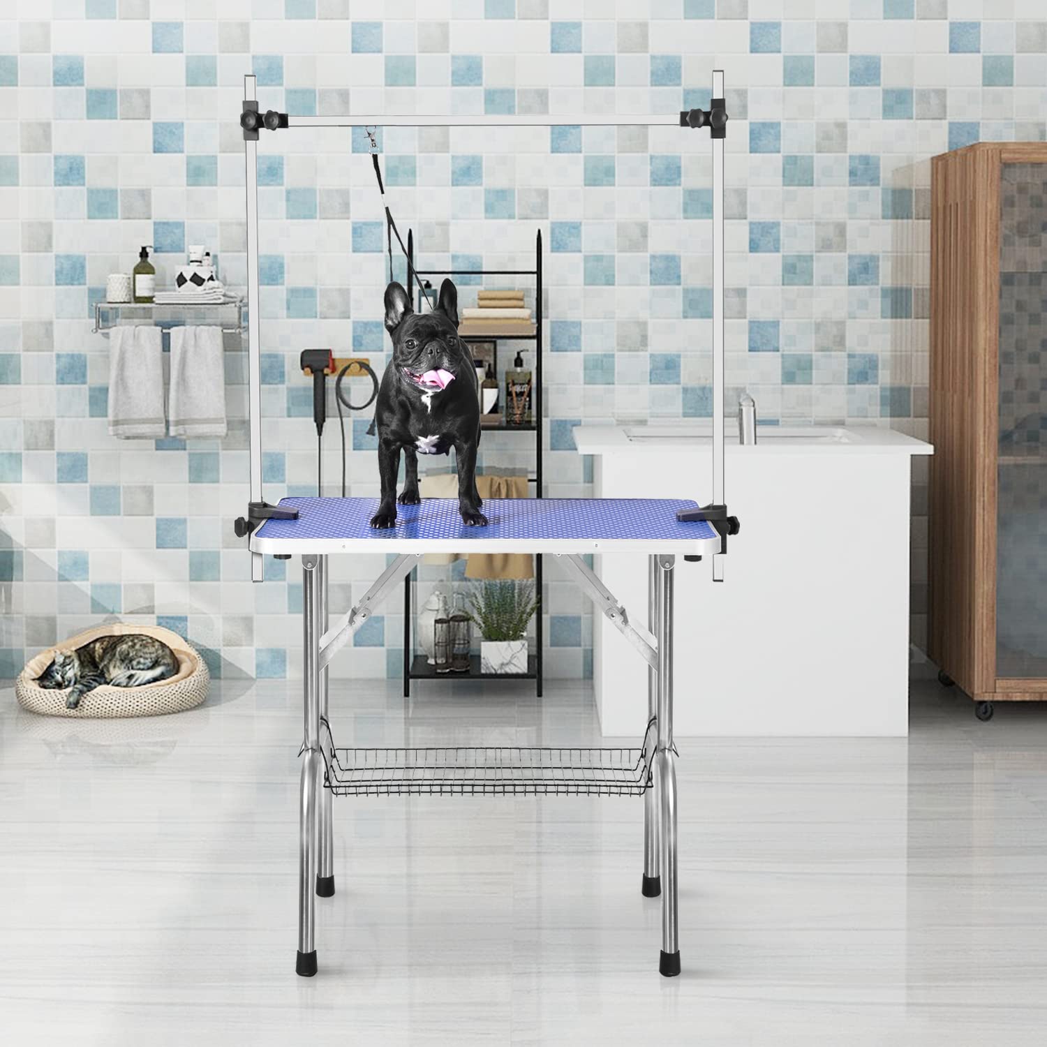 Soarflash Pet Dog Grooming Table Foldable,Heavy Duty Foldable Pet Grooming Table With Arm & Noose & Mesh Tray, Maximum Capacity Up To 330Lbs, 36Inch, Blue
