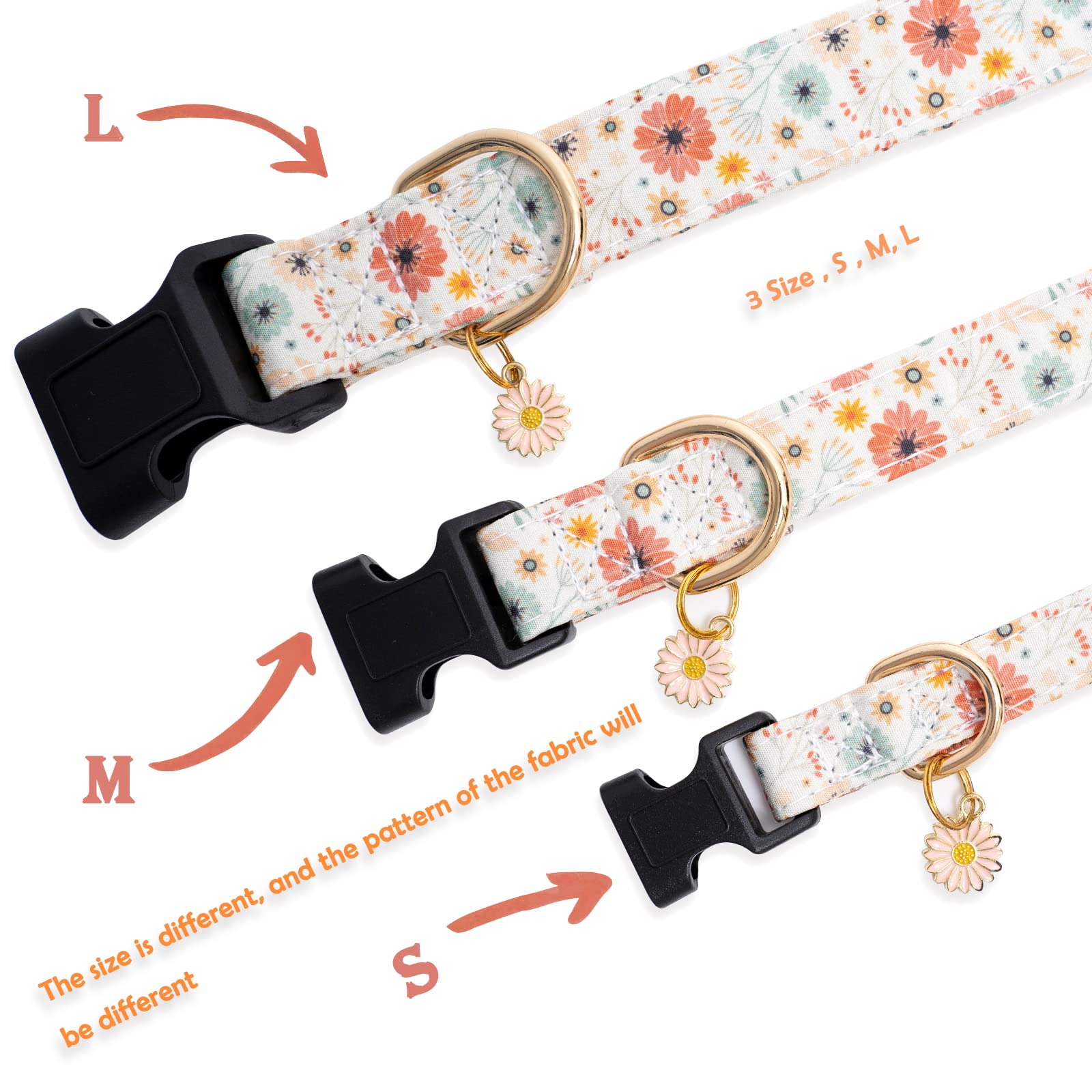 Faygarsle Cotton Designer Dog Collar with Flower Charms, Size S, Beige for Small to Large Dogs