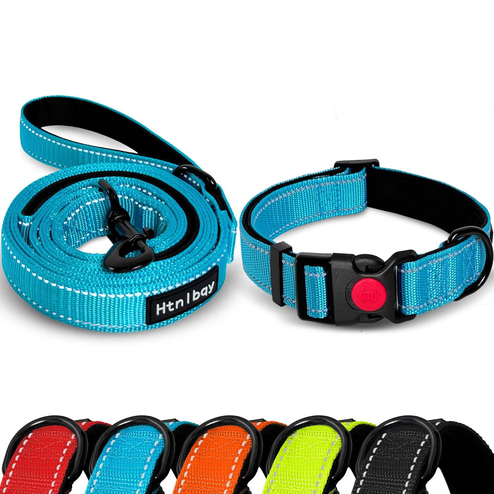 Leash And Collar Set With Nylon Soft Hand Pad, Adjustable Reinforced Collar For Large Dogs, 5Ft, Blue
