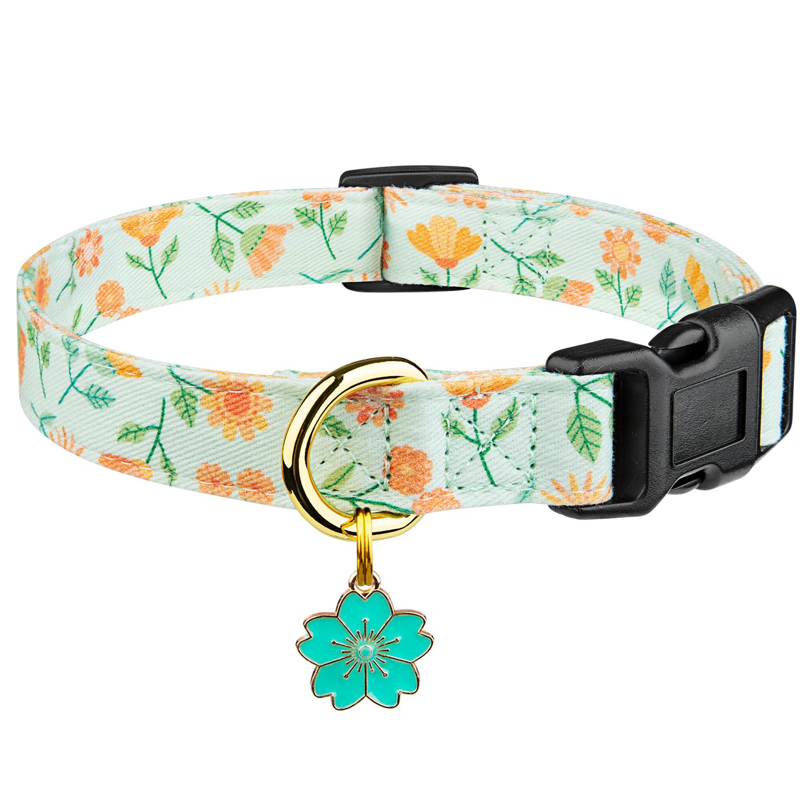 Cotton Handmade Dog Collar Cute And Distinctive Patterns Green Sunflower With Pendant For Girl Boy Dogs Collars L