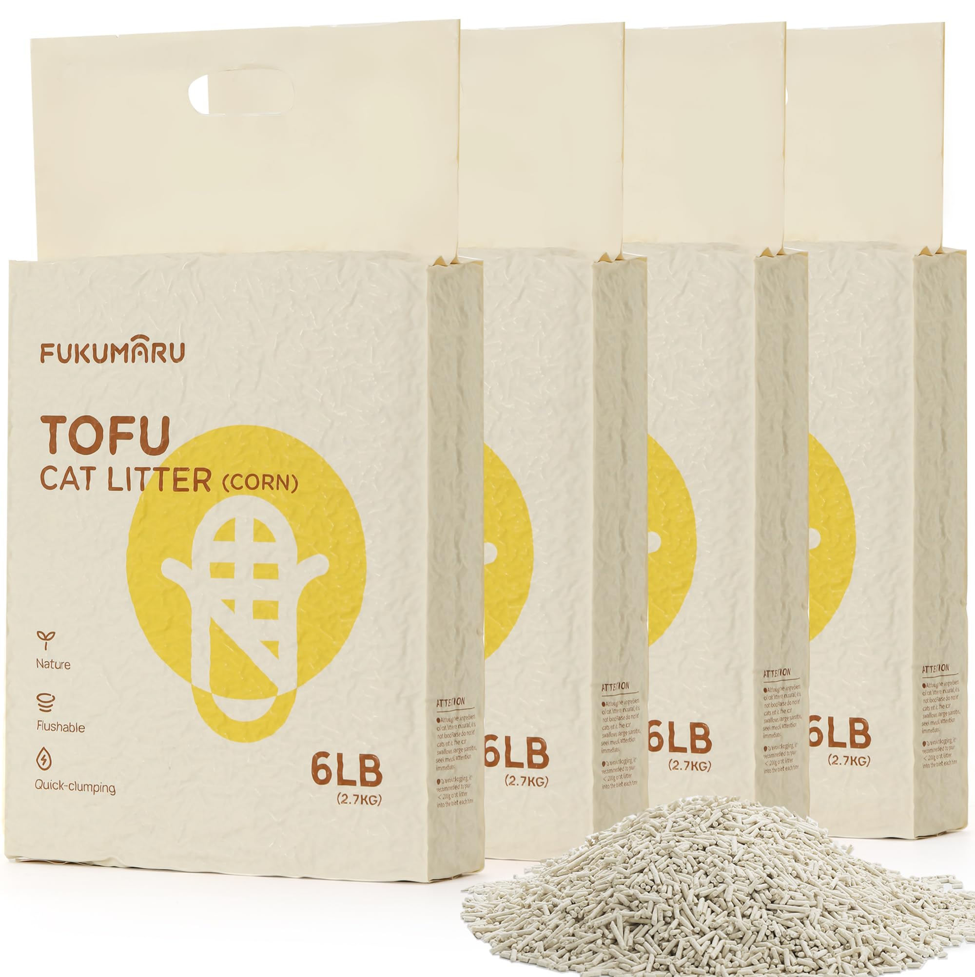 FUKUMARU Tofu Cat Litter - Corn Starch Blend, Flushable & Dust-Free, Quick Clumping, Superior Odor Control, Unscented, All-Natur