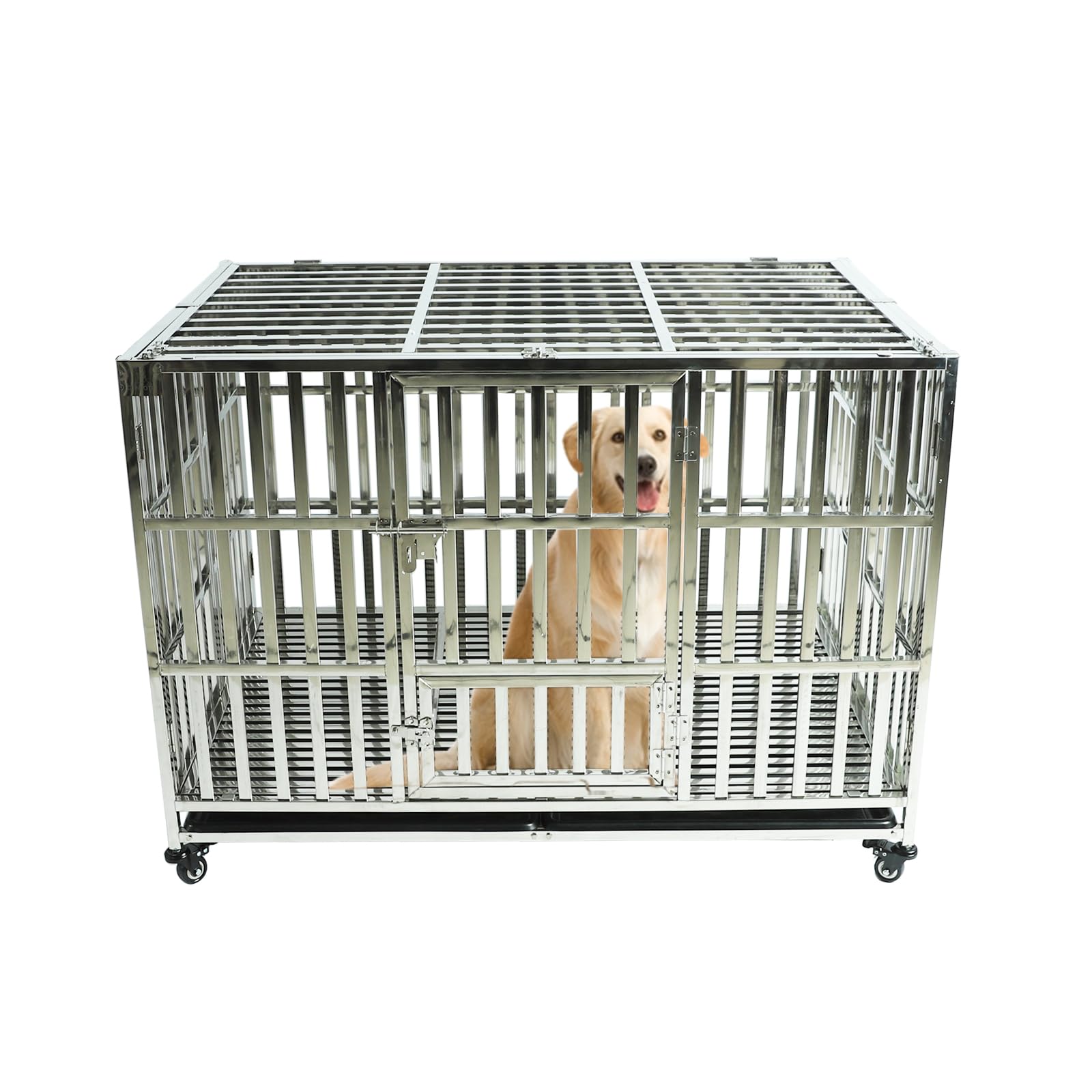 Confote 47 Inch Heavy Duty Stainless Steel Dog Cage Indestructible High Anxiety Indestructible And Escape-Proof Dog Crate Kennel