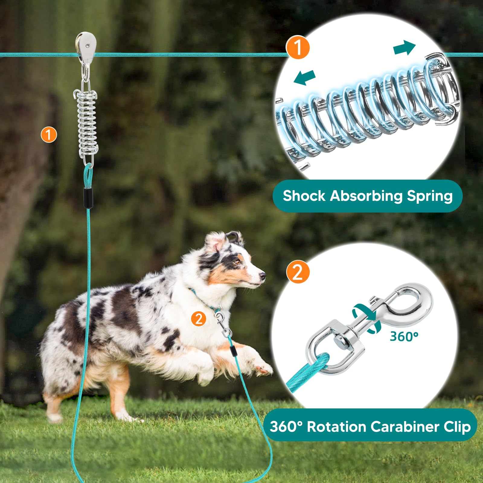 Luffwell 100Ft Dog Runner With 15Ft Pulley Tie Out - Heavy Duty For Large Dogs Up To 250Lbs - Ice Blue