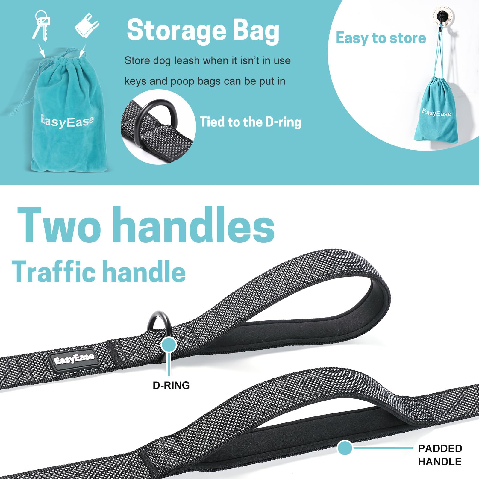 Easyease Dog Leash With 2 Comfortable Soft Padded Handles 5Ft Black Reflective Heavy Duty Pet Dog Walking Leashes Durable Dog Tr