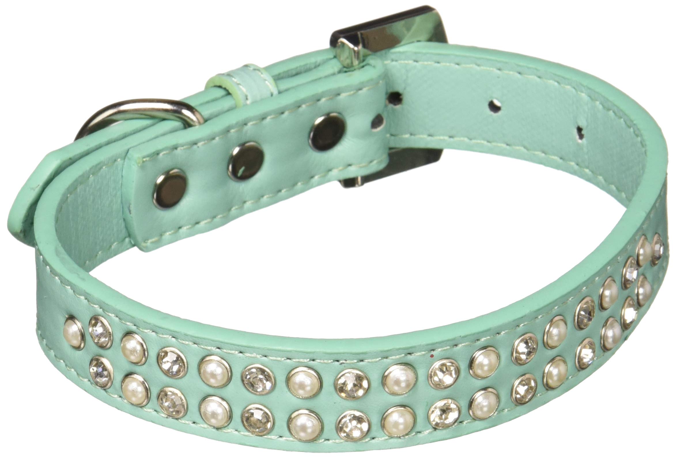 Dog, Puppy & Pet Fashion Collar, &quot;Two Row Pearl And Clear Crystal Rimsets&quot; Aqua 16