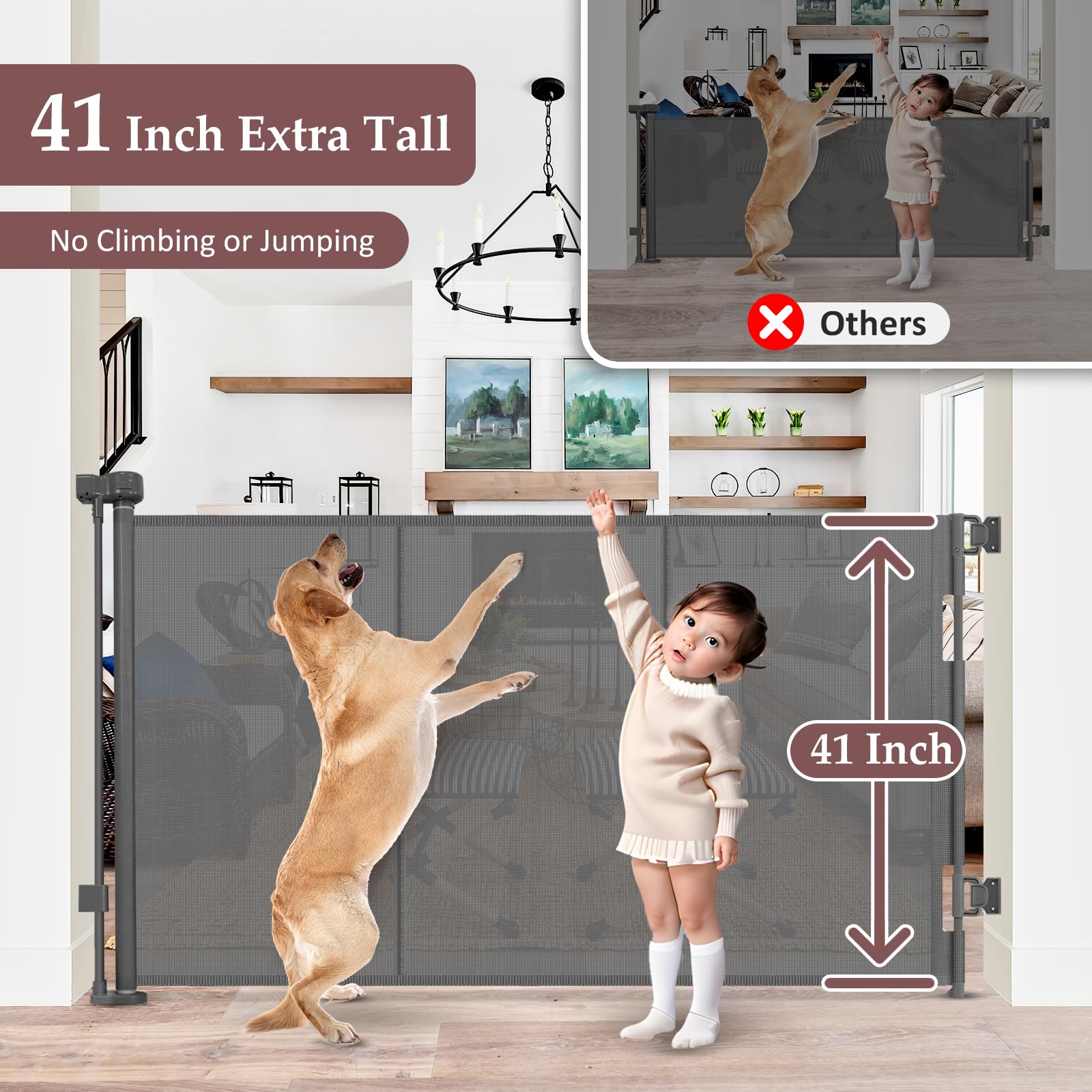 GRENFU Retractable Baby Gate - 41" Tall x 55" Wide, Gray, Extra Tall Indoor/Outdoor Pet Gate with Support Rods, Model TH-A147