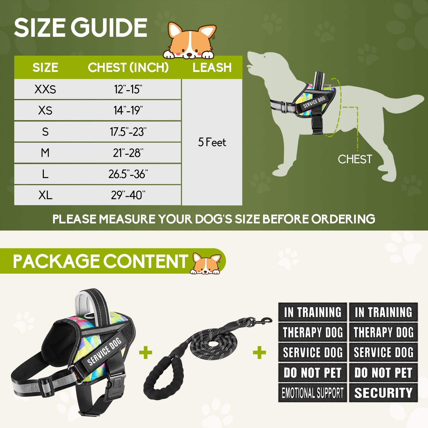 Animire Service Dog Harness and Leash Set, XS, Multi-Colored, with 10 Patches, Reflective, for Small to XL Dogs