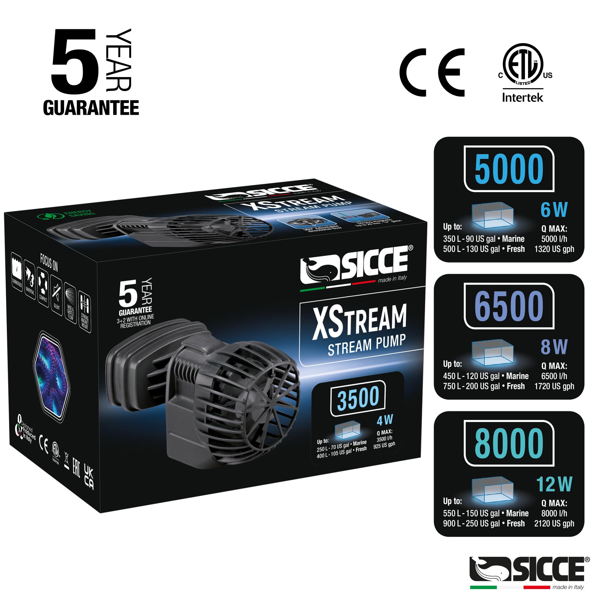 SICCE XSTREAM 5000 Wave Maker Flow Pump 1320 GPH | 360 Adjustable Quiet Submersible Magnetic Powerhead for Saltwater & Freshwate