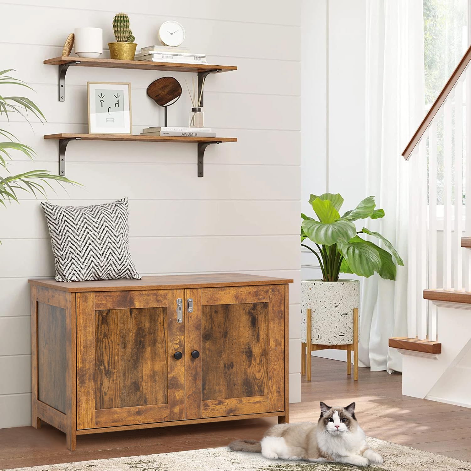 Bestpet Cat Litter Box Enclosure Furniture Hidden,Wooden Cat Washroom Furniture Storage Cabinet Pet Crate House End Table With R