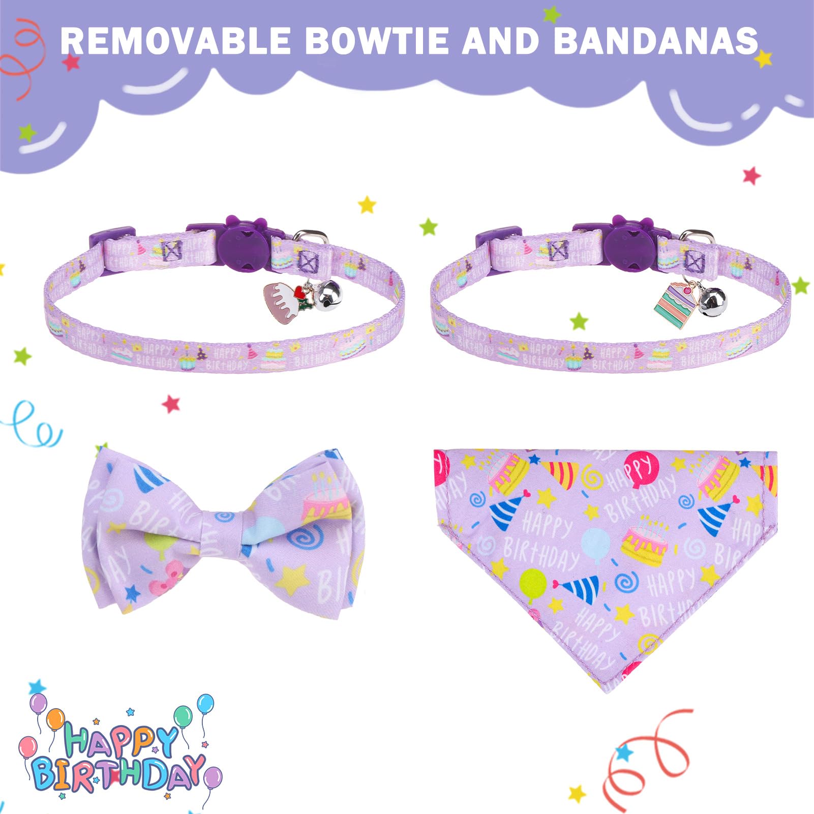 Scenereal Cat Bandana Collar For Birthday - 2 Pack Breakaway Kitten Collars With Bell Bowtie, Accessories For Pet, Adjustable Cu