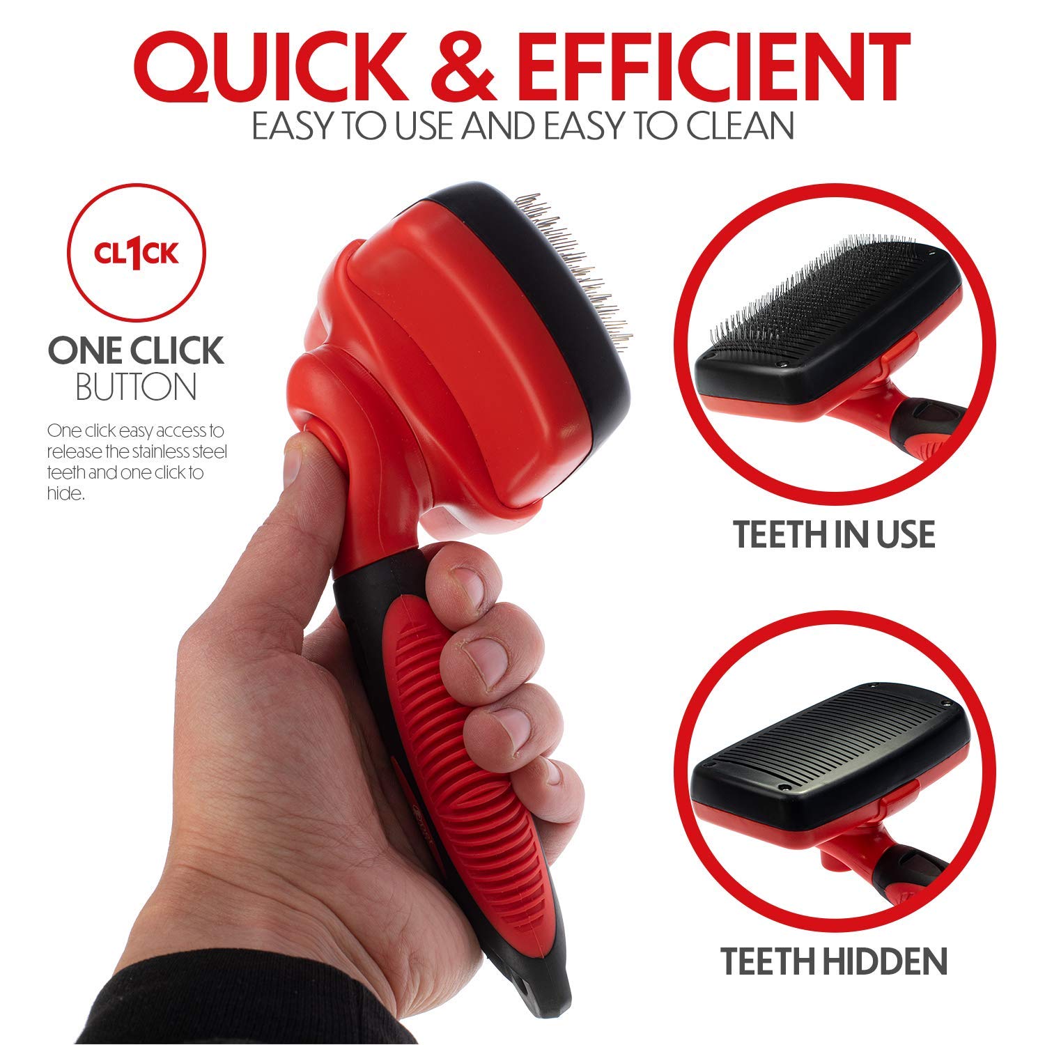 Pet Pull Self Cleaning Slicker Brush For Cat And Dog Coat - Detangler Dog Brush For Shedding & Grooming - Super Easy To Clean Deshedding Grooming Tool Removes Loose Pet Hair, Mats And Tangles (Red)