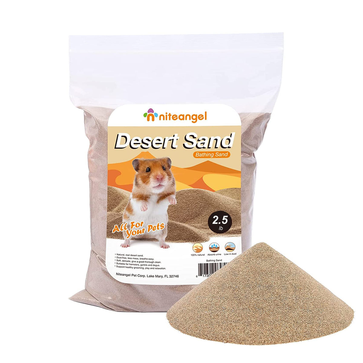 Niteangel Hamster Desert Bath Sand | No-Dust Bath Or Potty Litter Sand For Hamster Chinchillas Gerbil Mice Degu Or Other Small Pets (2.5Lb, Desert Sand)