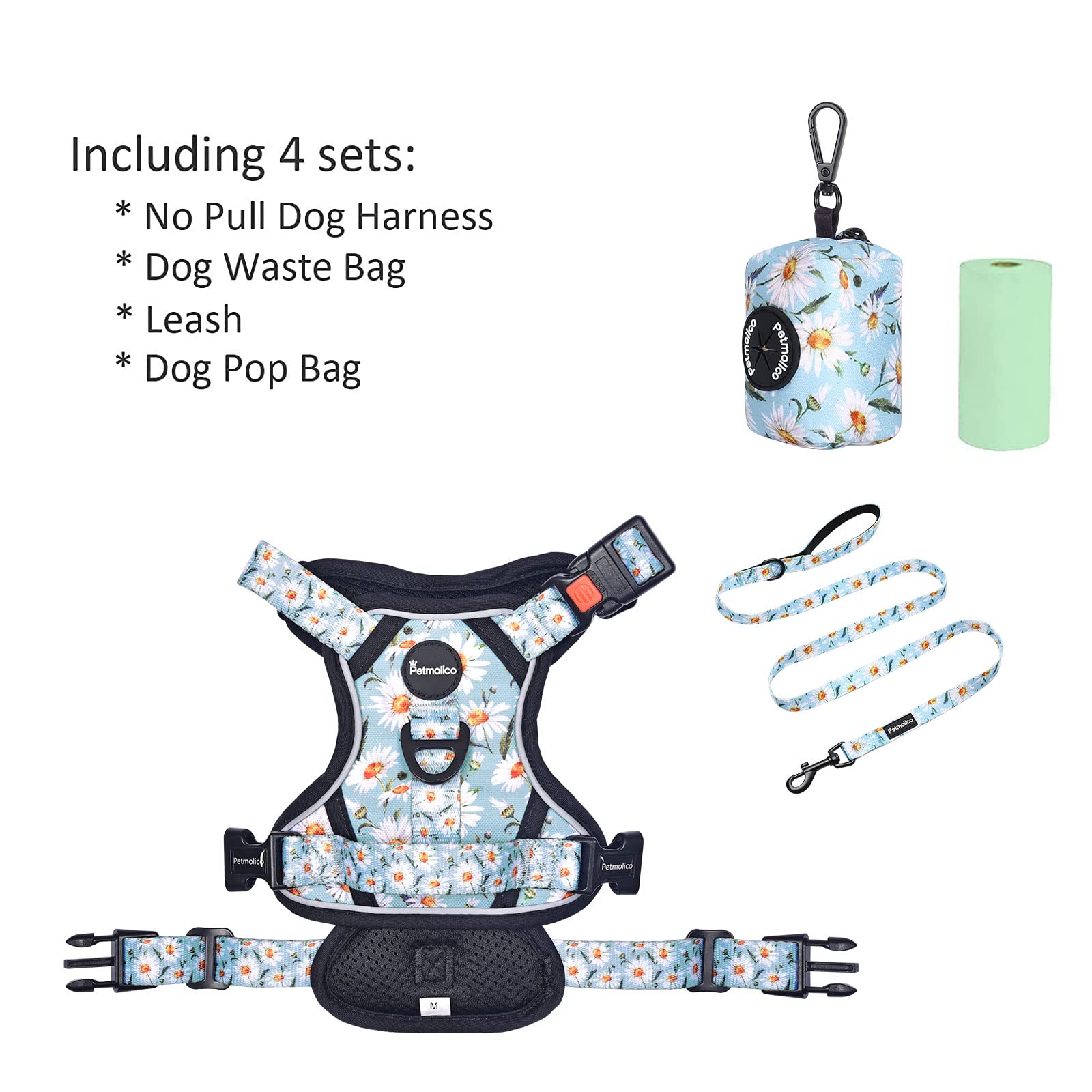 Petmolico No Pull Dog Harness Set, 2 Leash Attchment Easy Control Handle Reflective Vest Dog Harness Medium Breed, Medium Dogs Harness And Leash Set With Poop Bag Holder, Medium Daisy