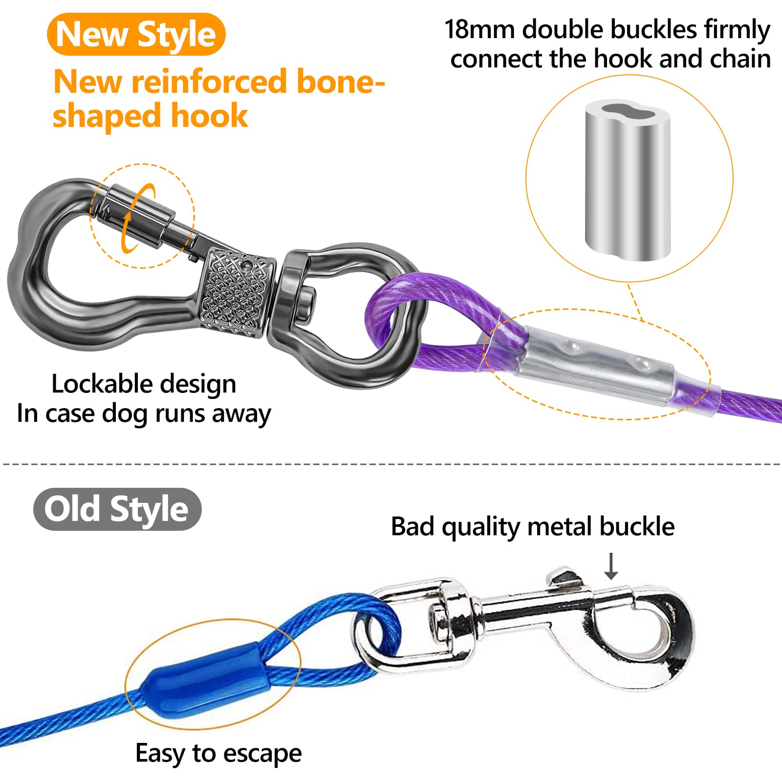 Tresbro 15Ft Reflective Dog Tie Out Cable For Dogs Up To 250 Pounds, Steel Wire Dog Leash Cable With Stainless Rotatable Buckle, Lightweight And Enduring, Dog Chains Outside For Outdoor, Yard, Purple