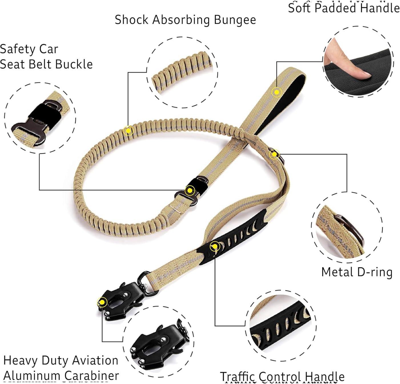 AIRUIDOG Heavy Duty Tactical Bungee Leash, 4-6FT Shock Absorbing Leash with 2 Padded Handles, Metal Carabiner Clip, Car Seatbelt