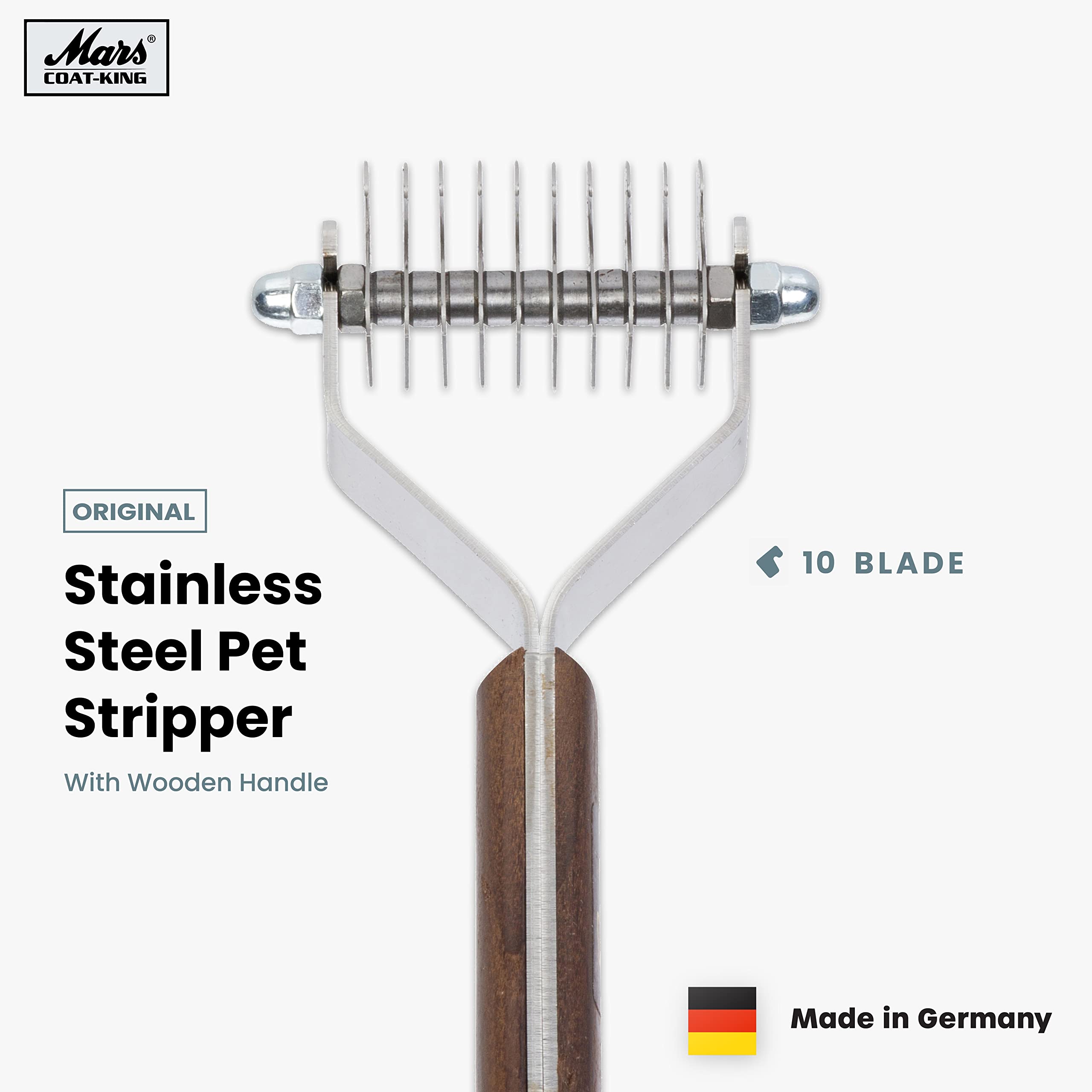 Mars Coat King Original Dematting Undercoat Grooming Rake Stripper Tool For Dogs And Cats, Stainless Steel With Wooden Handle, Made In Germany, 16-Blade