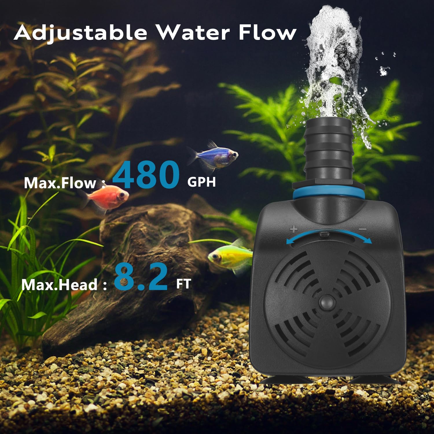 TONGCHANT 480GPH Adjustable Flow Fountain Pump with 3 Nozzles (1/2, 5/8, 3/4), 10ft High Lift, 35W Ultra-Quiet Submersible Pump