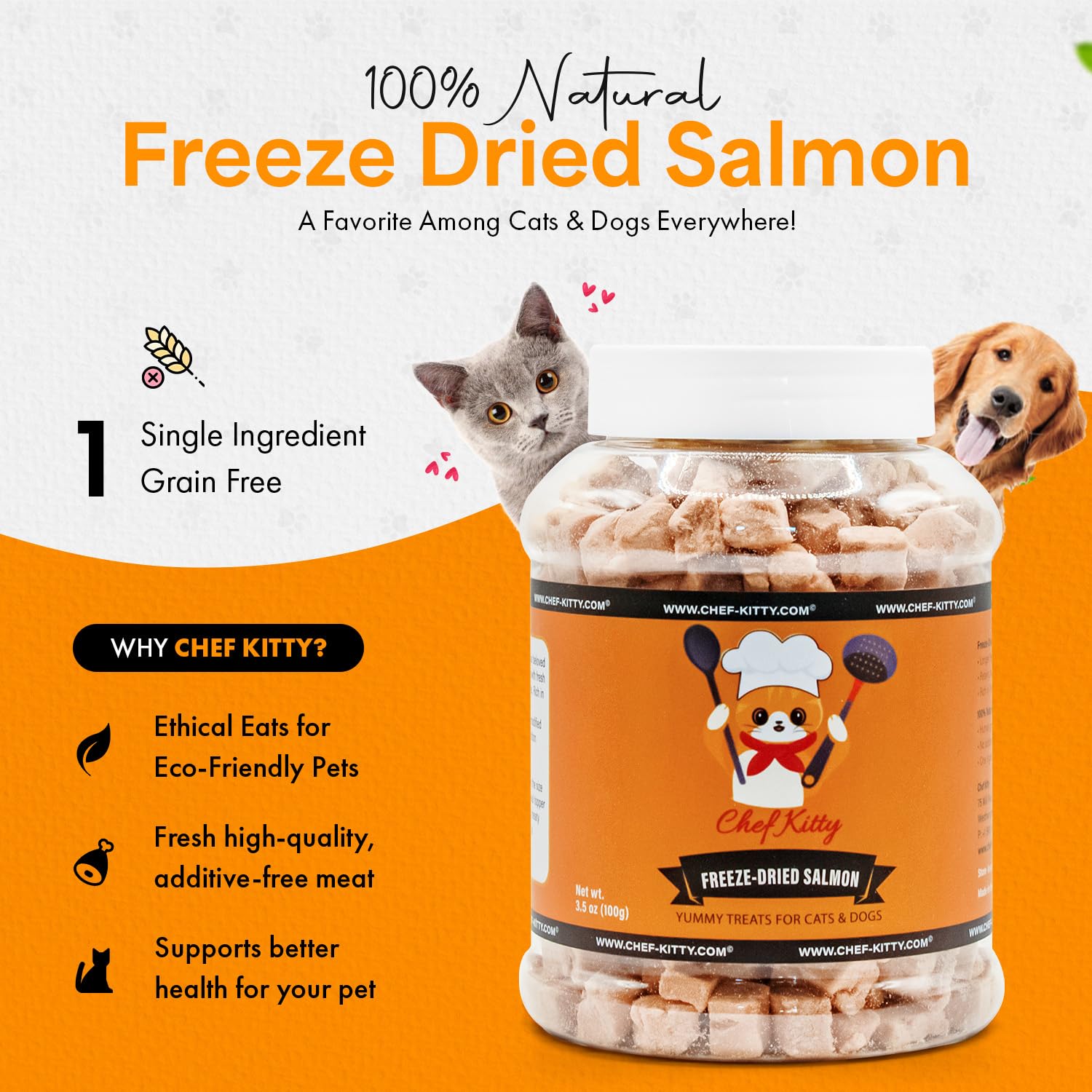 Chef Kitty Freeze Dried Salmon Cat Treats, Grain-Free, High Protein, 2.6 oz - 100% Wild Caught Salmon, No Additives or Preservatives