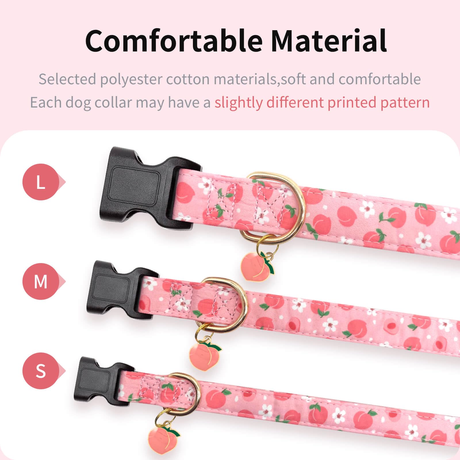 Gelwoo Cotton Dog Collar,Soft and Cute Puppy Collars with Peach Patterned Design for Girl Female Boy Dogs,Adjustable Buckle Pet
