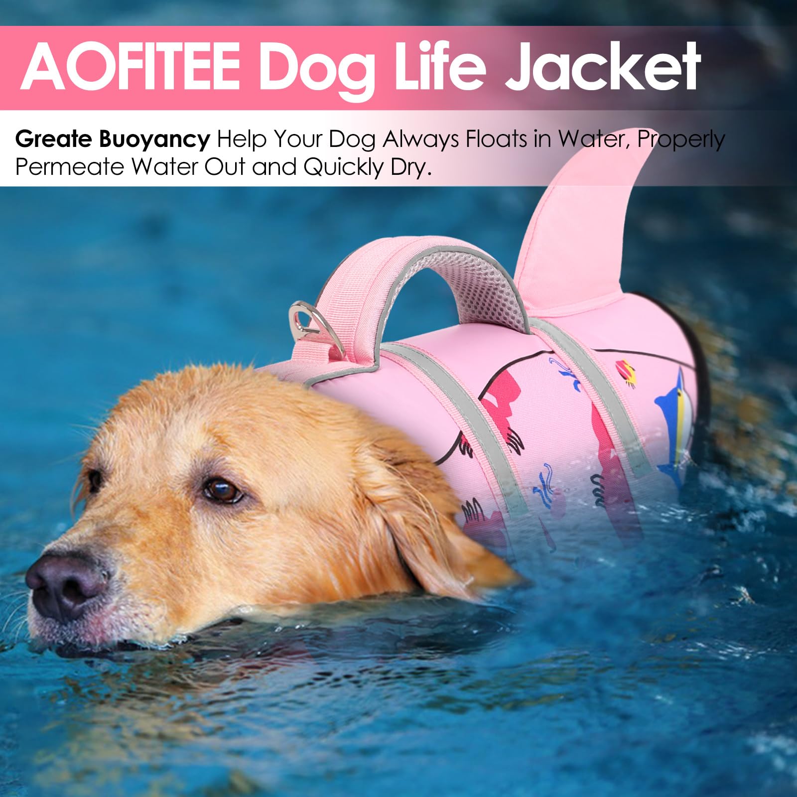 Aofitee Dog Life Jacket, Dog Life Vest For Swimming, Shark Dogs Swimming Vest With Rescue Handle And Reflective Stripe, Ripstop