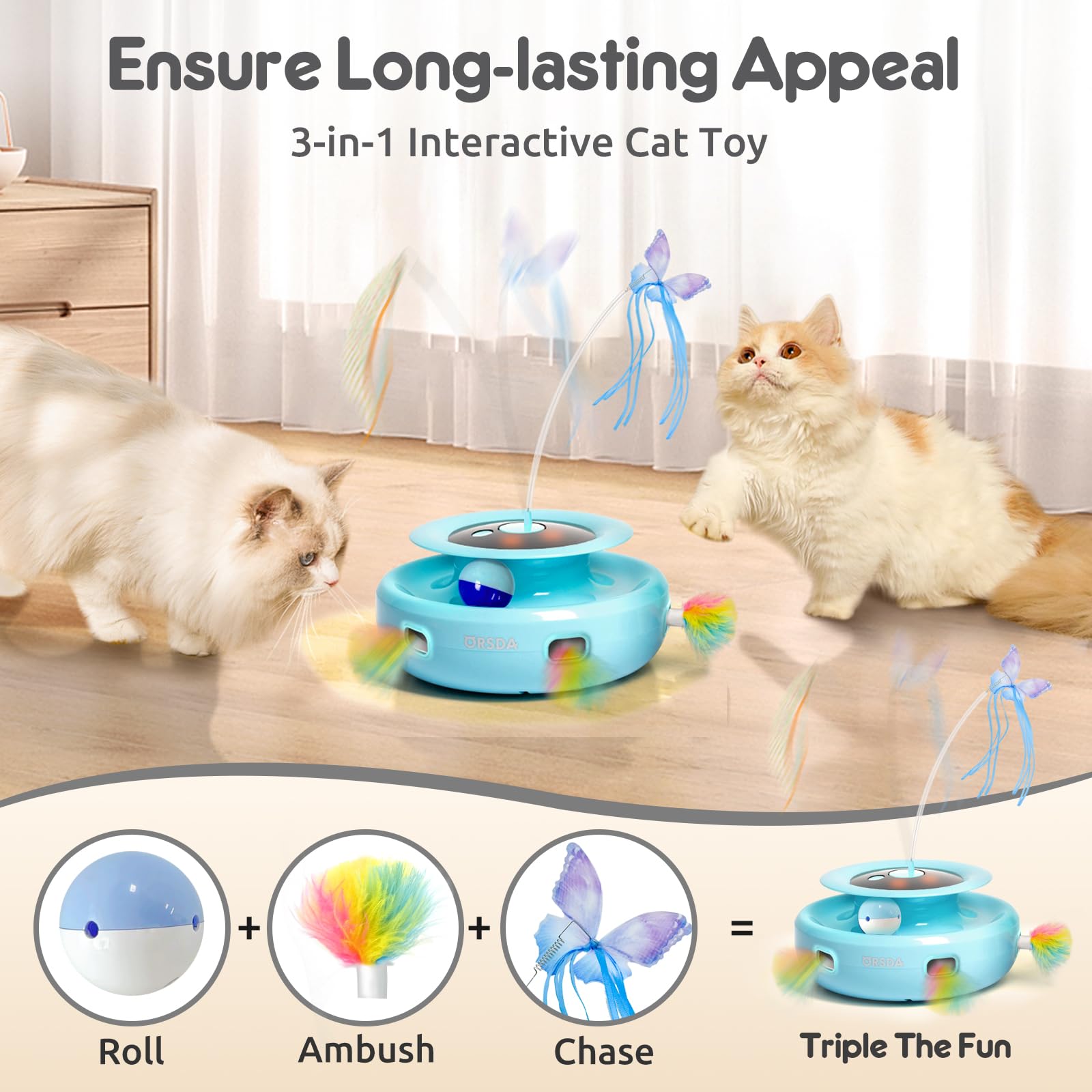 Orsda 3-In-1 Cat Toys Rechargeable, Interactive Cat Toys For Indoor Cats Automatic Kitten Toy, Moving Ambush Feather, Fluttering