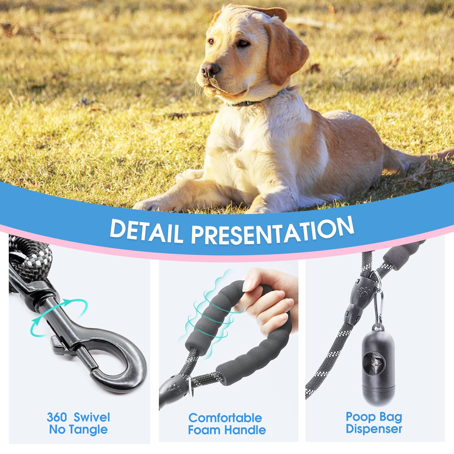 Baapet 2/4/5/6 Ft Dog Leash With Comfortable Padded Handle And Highly Reflective Threads For Small Medium And Large Dogs (6Ft-1/2'', Yellow)