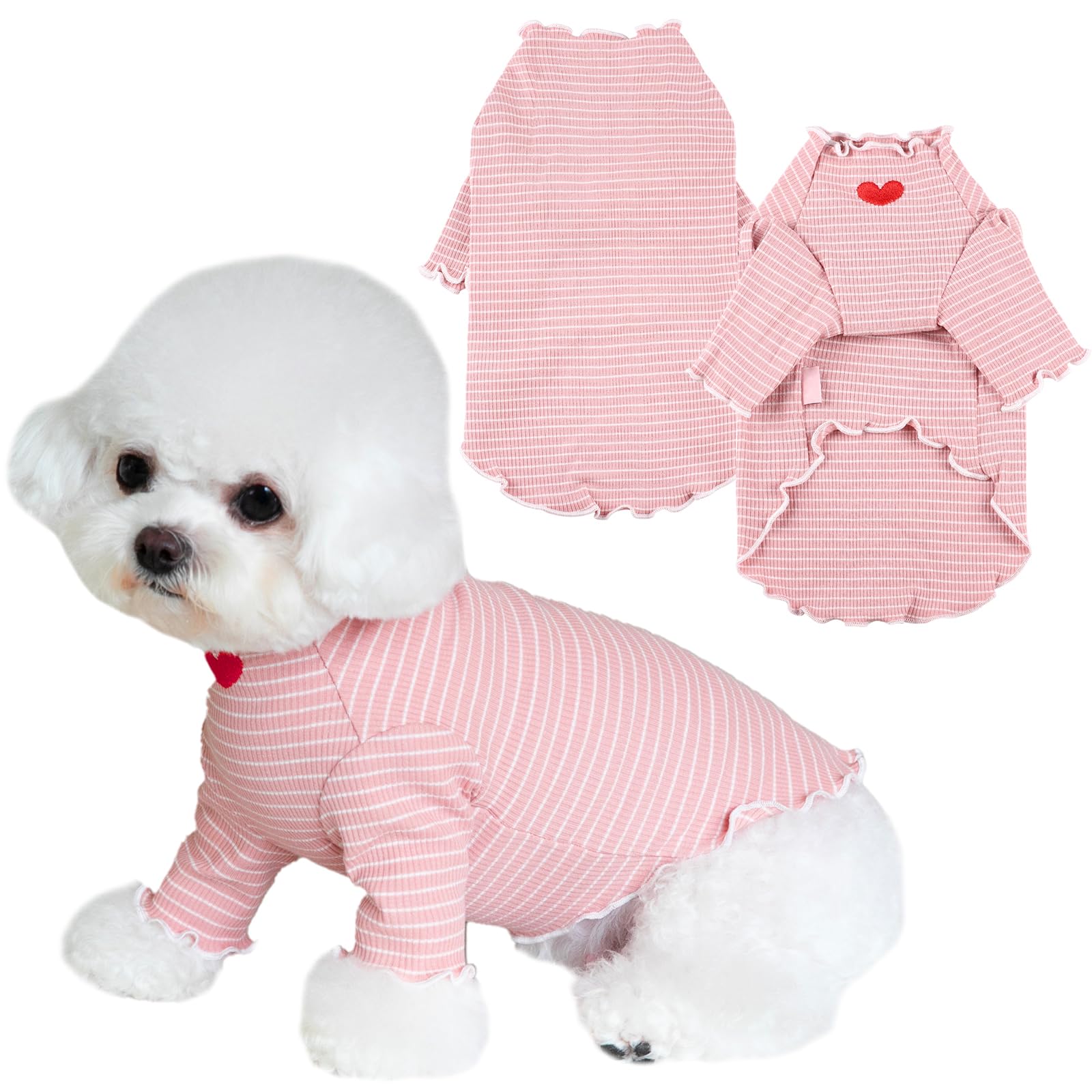 Yaopelky Dog Shirt For Small Medium Dogs Striped T-Shirt With Heart Embroidery Stretchable Ruffle Dog Clothes For Chihuahua Schn
