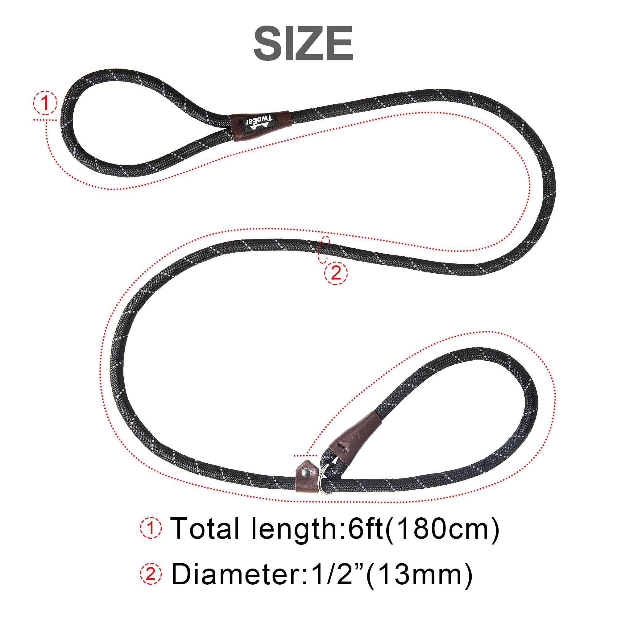 Twoear Dog Leash Dog Slip Rope Leash 6Ft Dog Training Leash Heavy Duty Strong Slip Lead Highly Reflective Threads For Small Medium And Large Dogs (Slim(3/8''X6Ft), Black)