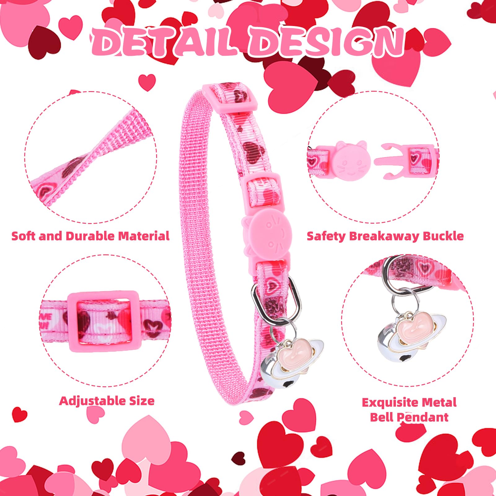 Pupteck 3 Pack Cat Collar With Bells Breakaway - Safety Small Kitten Collar Adjustable Heart Pink Red Black, 8-12 In