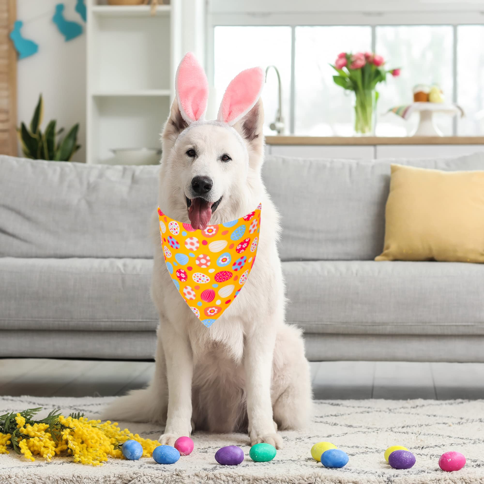 Adoggygo Easter Dog Bandana, Multiple Sizes Offered, Reversible Triangle Easter Bandana Scarf For Large X-Large Dogs Pets (X-Lar
