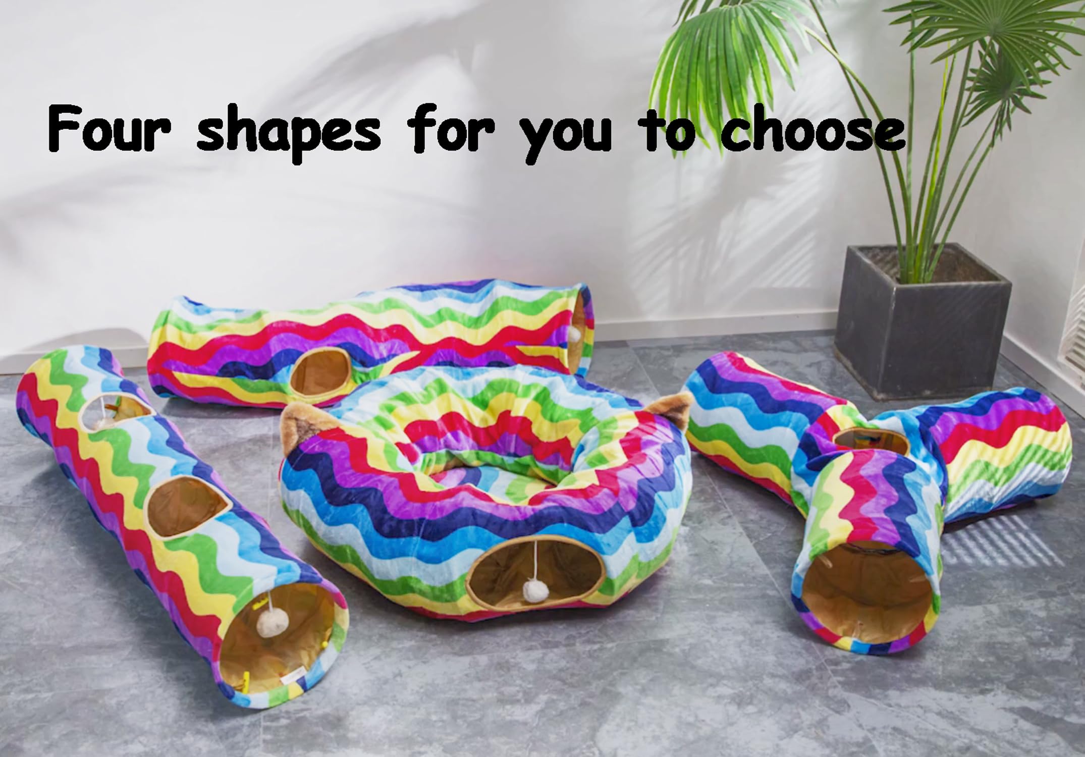 Luckitty Cat Tunnel -Straight-Shaped, Rainbow Wave Color, Soft Velvet Exterior, Oxford Fabric Fog-Proof Interior, Plush Toy Ball, Easily Washable, Conveniently Foldable, 47.2In/120Cm