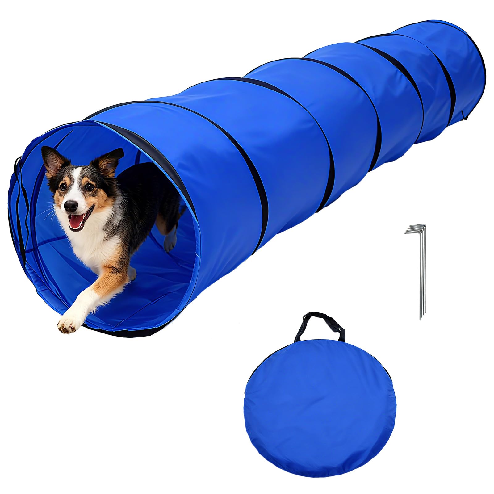 Dog Agility Tunnel with Carry Bag and Ground Spikes, Foldable 10-Foot Tunnel for Dog Training, Dog Agility Equipment for Outdoor
