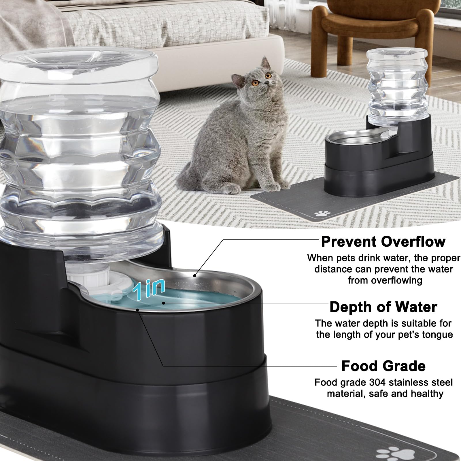 RIZZARI Automatic Cat Water Dispenser: Black 5L Elevated Feeder with Specialized Brush and Triple Filtration - Stainless Steel G